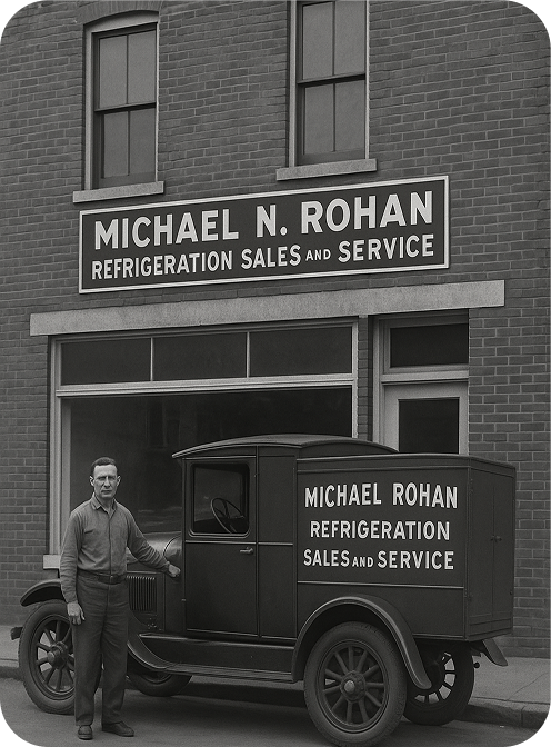 Refrigeration sales and service store named Michael N. Rohan, displaying a vintage car parked in front of the store's name, on a city street.