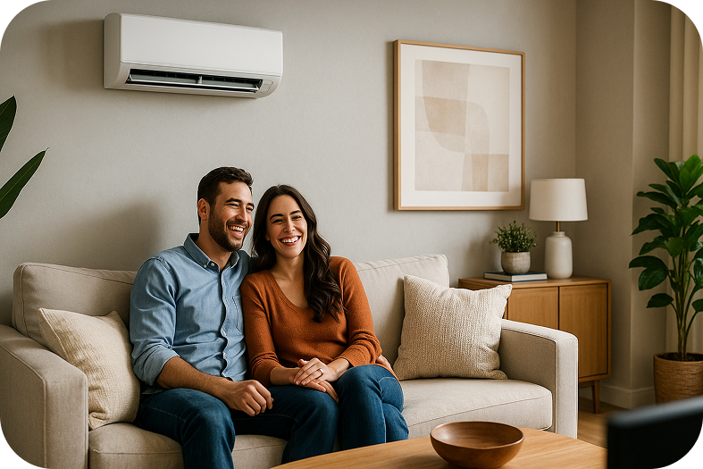 Happy couple sitting on the sofa in a modern, well-decorated and air-conditioned living room, smiling and enjoying moments of togetherness.